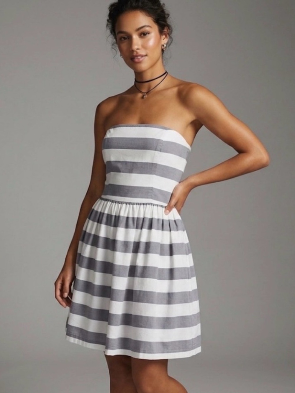 Vintage Saks Fifth Avenue Strapless Striped Dress Gray White USA M